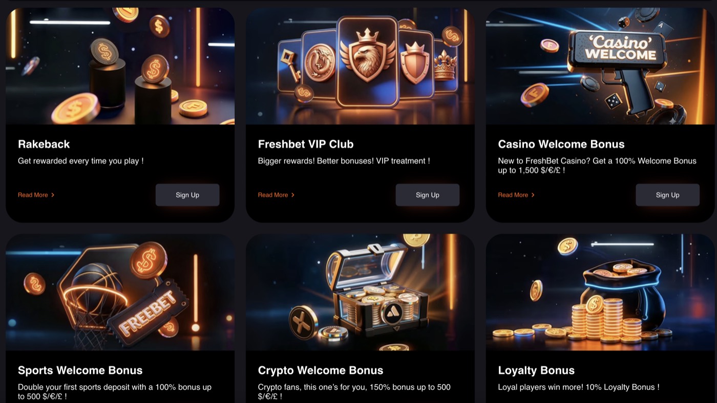 FreshBet bonuses: rakeback, VIP club, casino welcome bonus, sports welcome bonus, crypto welcome bonus, loyalty bonus