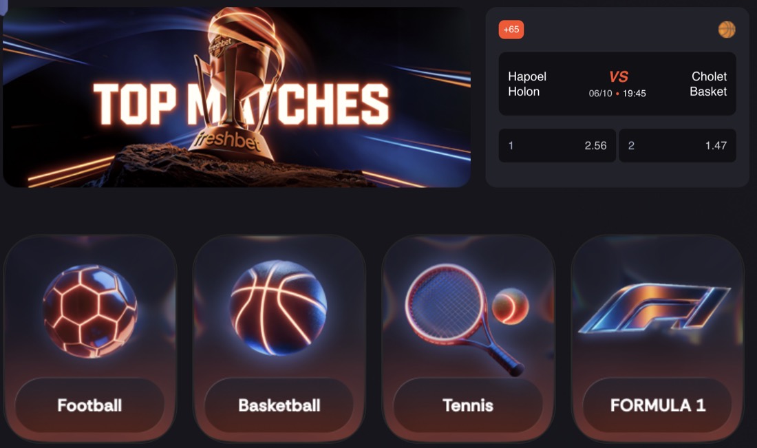 FreshBet sportsbook top matches: football, basketball, tennis, Formula 1